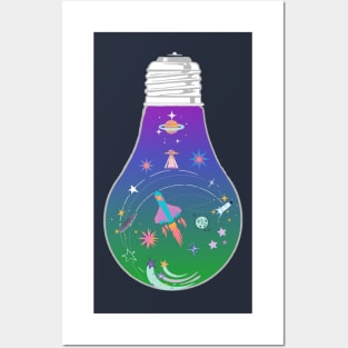 Galaxy space rocket planet light bulb - Kawaii Posters and Art